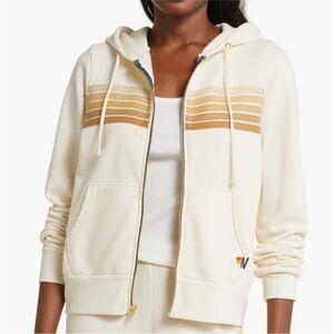 Aviator Nation 5 Stripe Zip Hoodie Cream Tan Beige Neutral Unisex